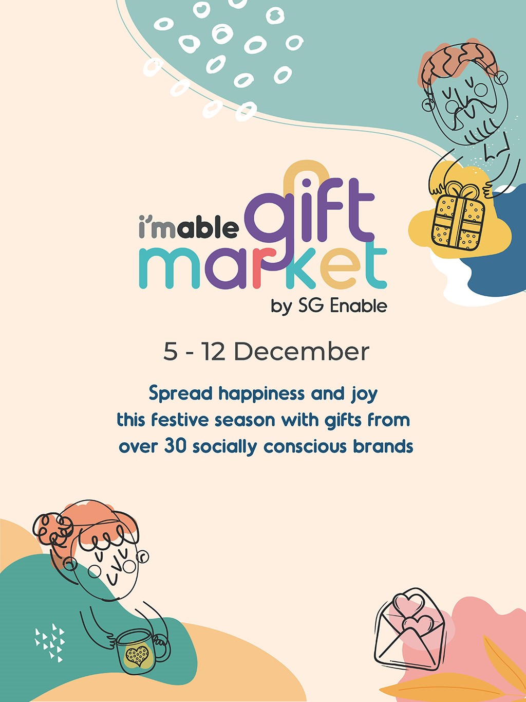 Picture shows illustration of imable Gift Market 2020, with words that say, Spread happiness and joy this festive season, with gifts from over 30 socially conscious brands.